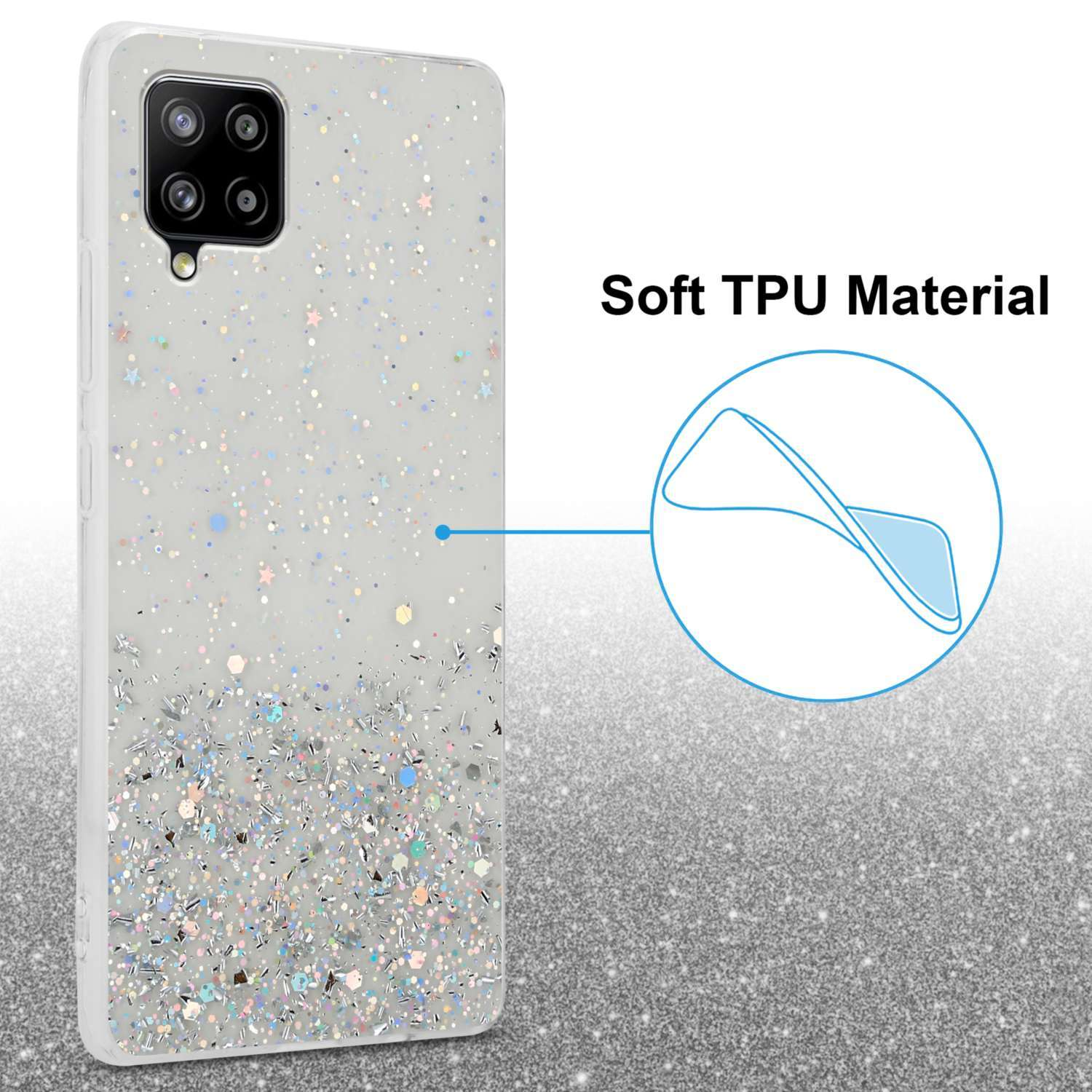 Custodia per telefono con design a coriandoli glitterati, etichettata 'Soft TPU Material'.