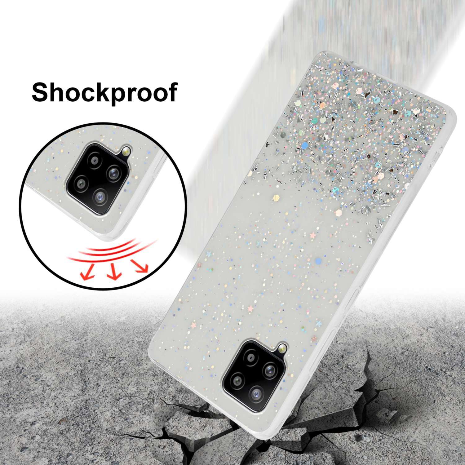 Custodia per telefono con design glitterato. La custodia viene fatta cadere, rompendo il suolo.