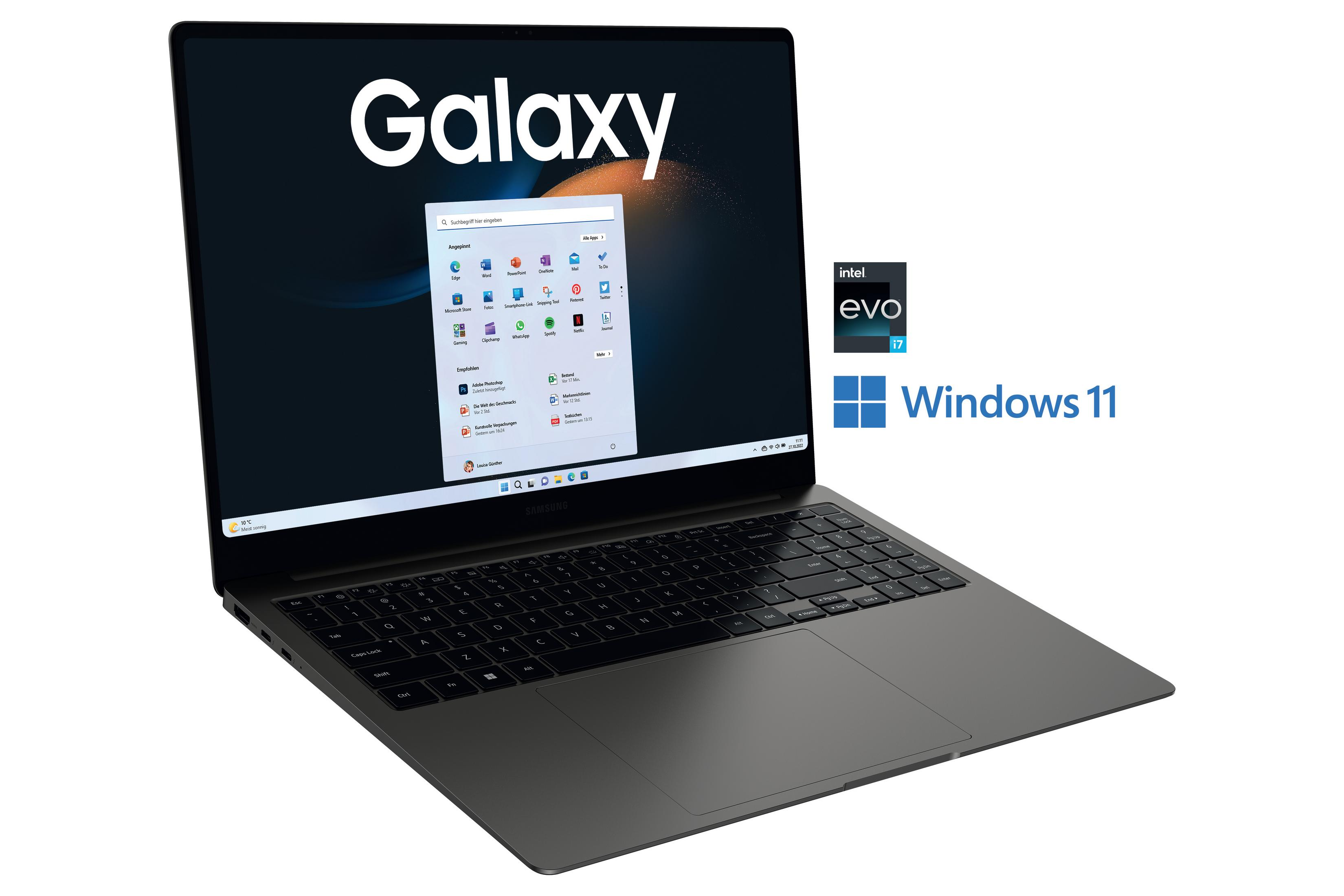 Laptop con logo Galaxy, con Windows 11. Schermo nero che mostra un'interfaccia Windows.