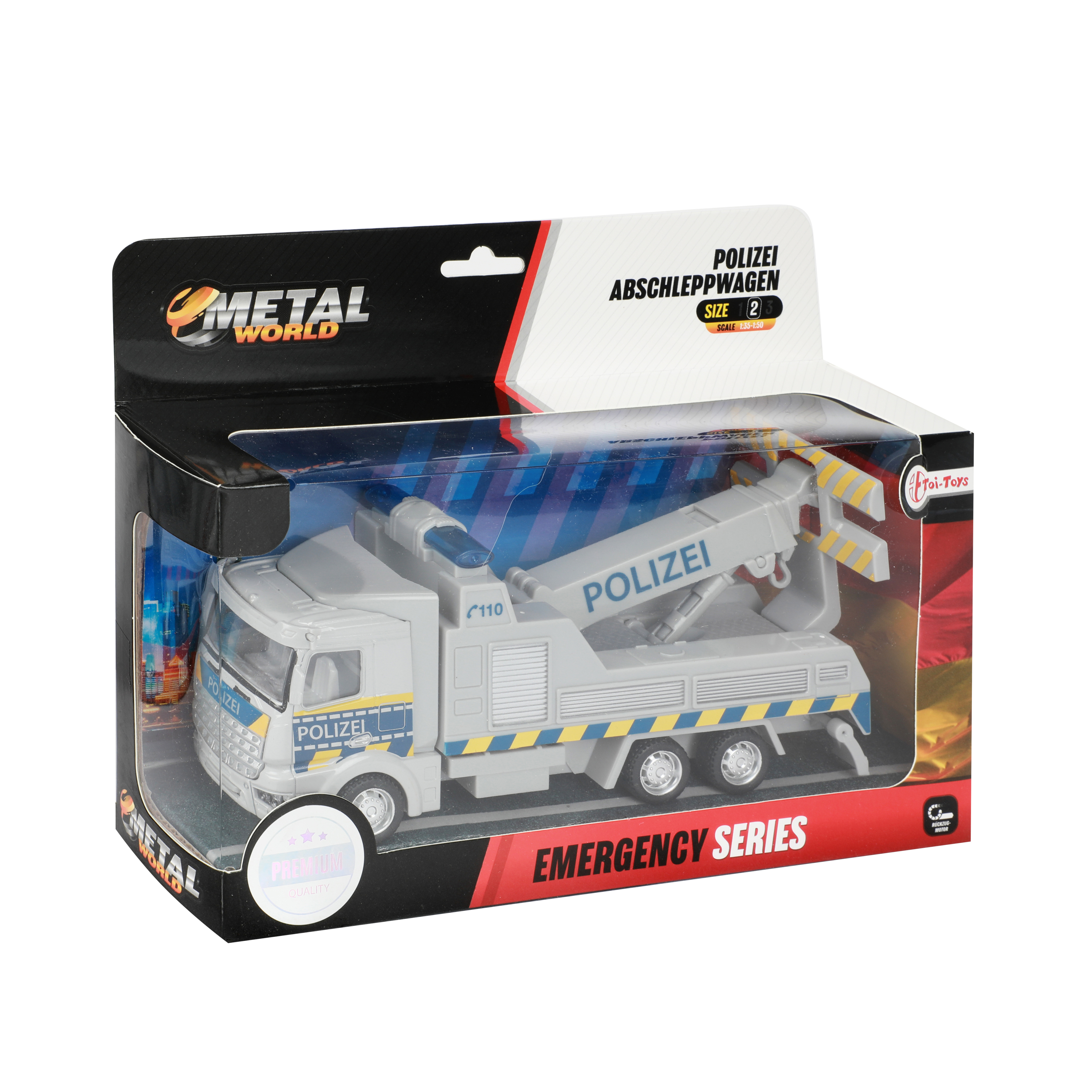 Spielzeug-Polizei-Abschleppwagen in einer Box, mit weißem und blauem Farbschema.