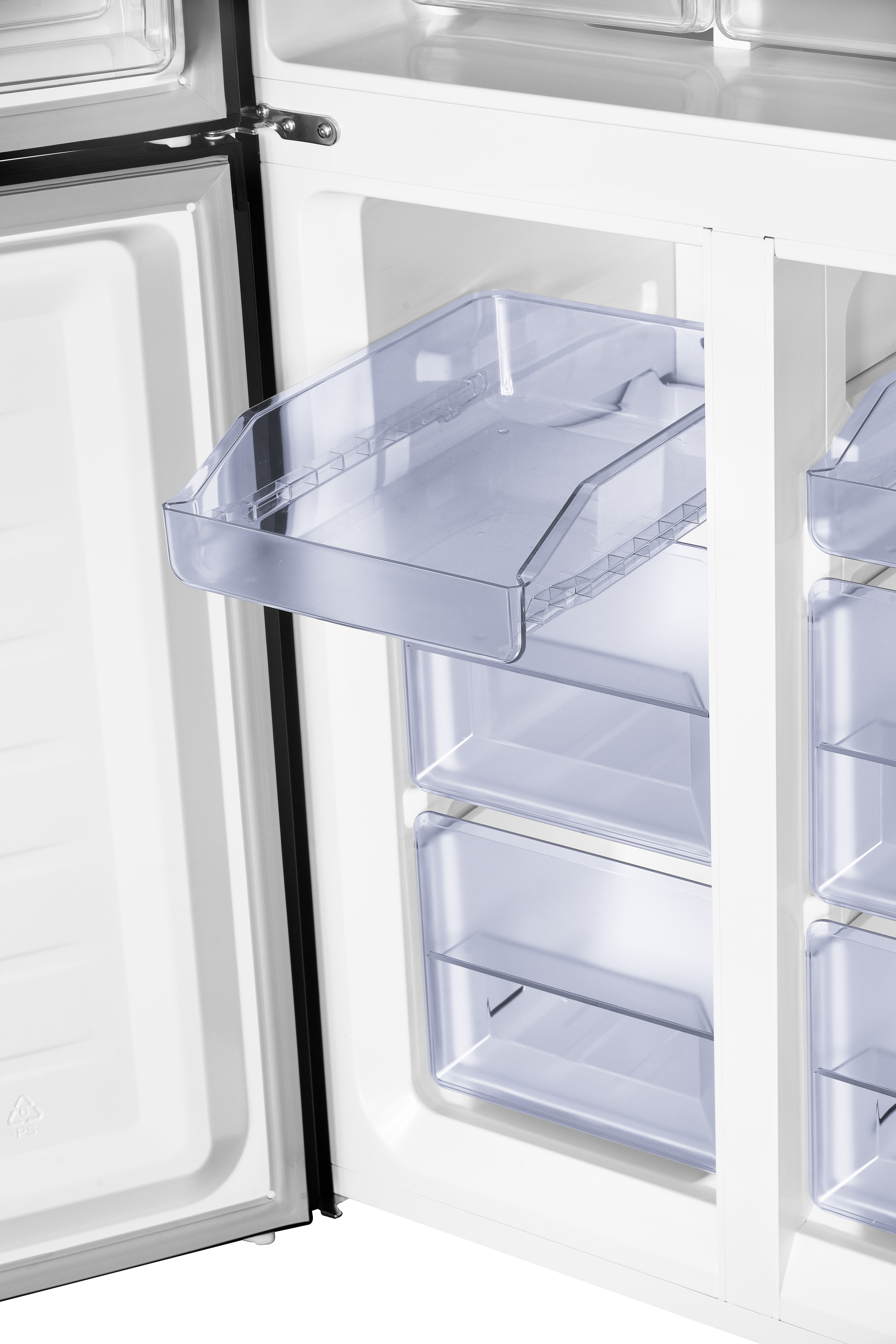 Inside of a refrigerator with drawers and shelves. Clear plastic drawers are visible.