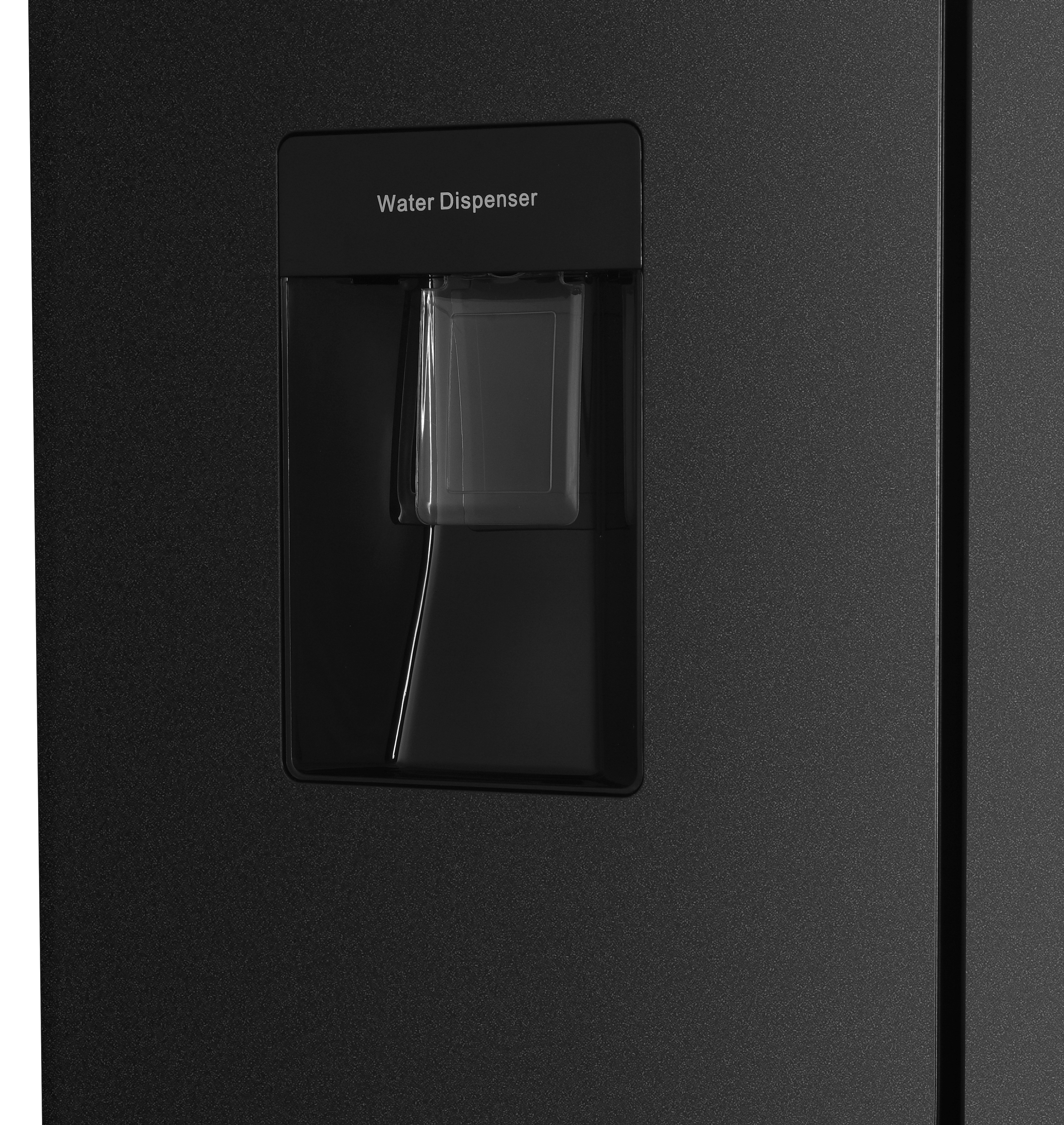 Black refrigerator with a water dispenser on the door.