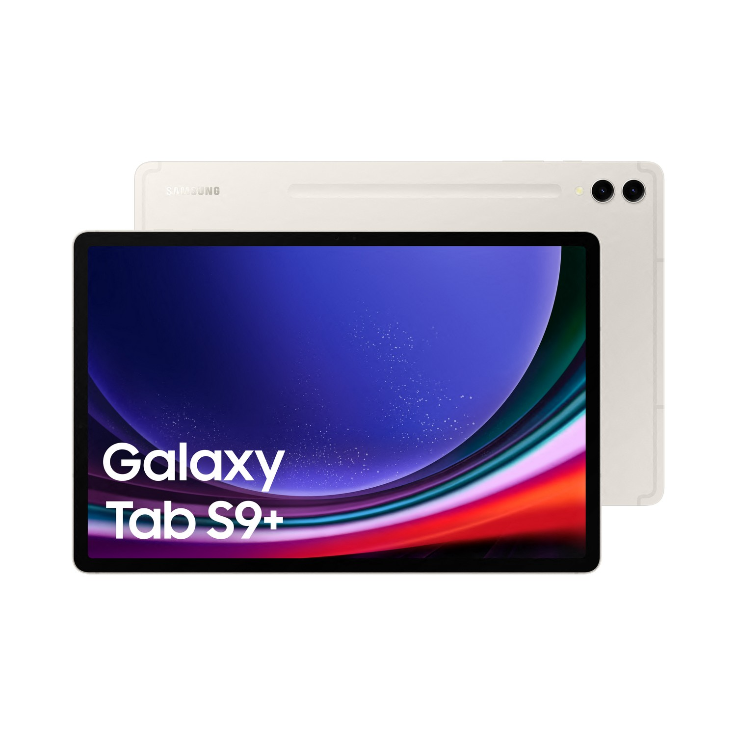 Ein Samsung Galaxy Tab S9+ Tablet auf weißer Oberfläche, mit farbenfrohem Bildschirm. Die Rückseite ist ebenfalls sichtbar.