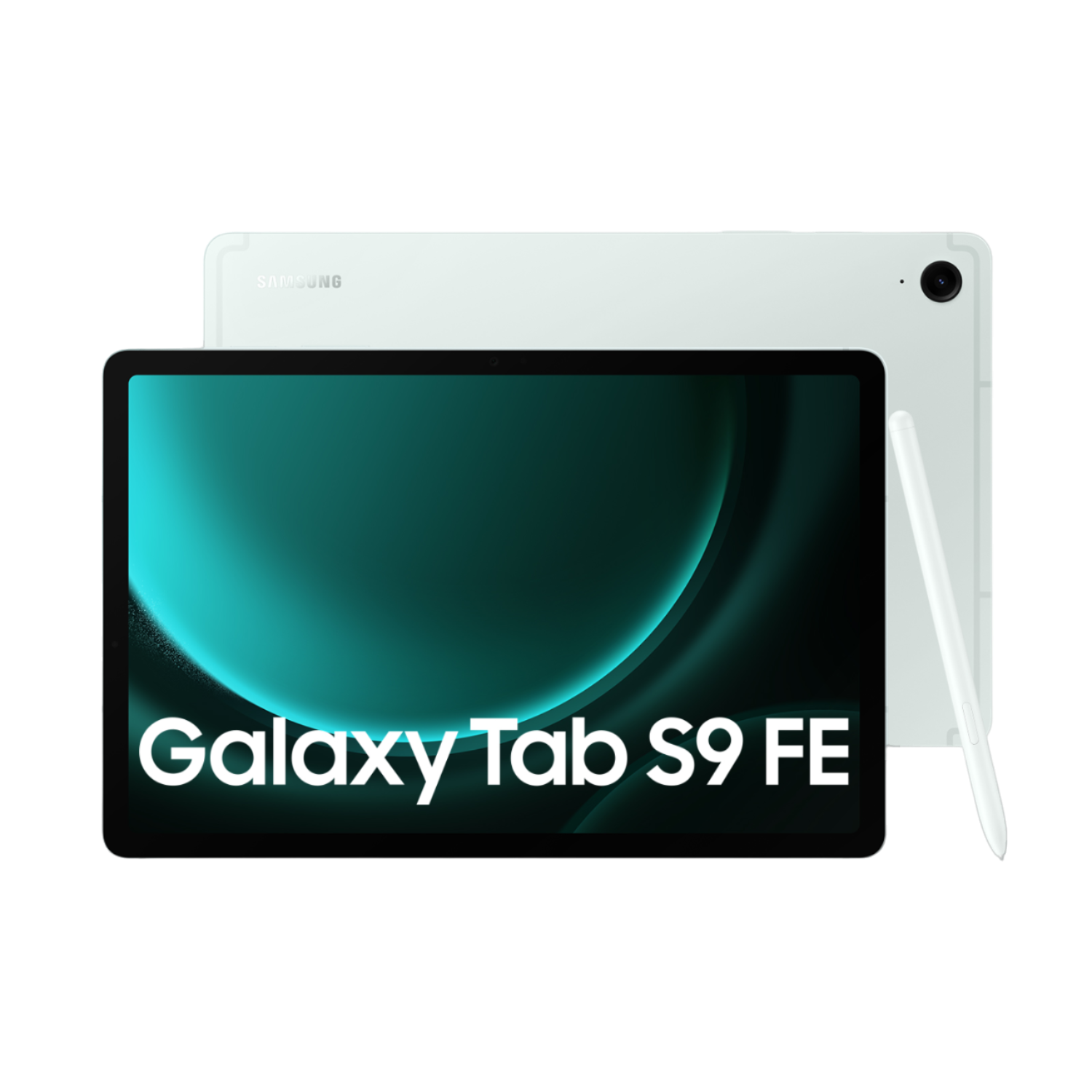 Ein Tablet mit dem Text Galaxy Tab S9 FE und einem Stift.