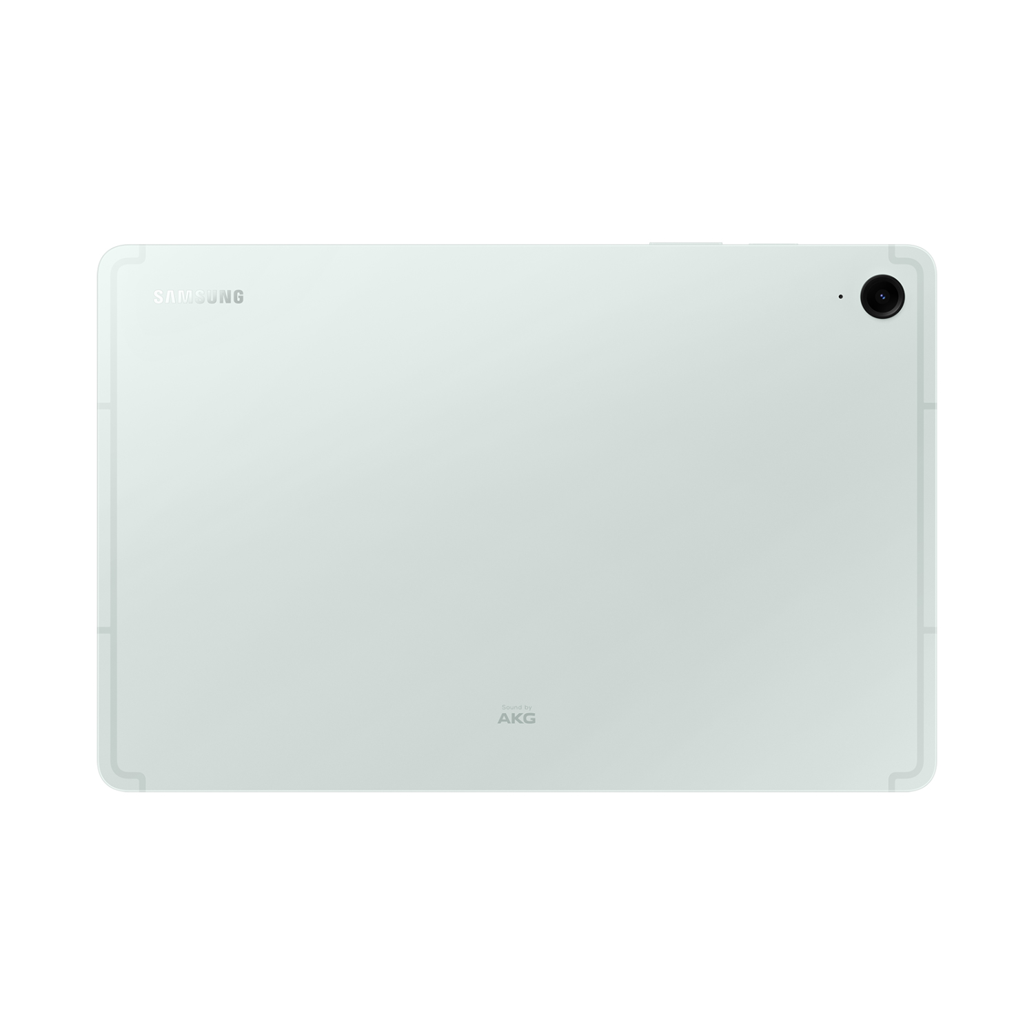Rückseite eines hellgrünen Tablets mit Kamera und Samsung-Logo.
