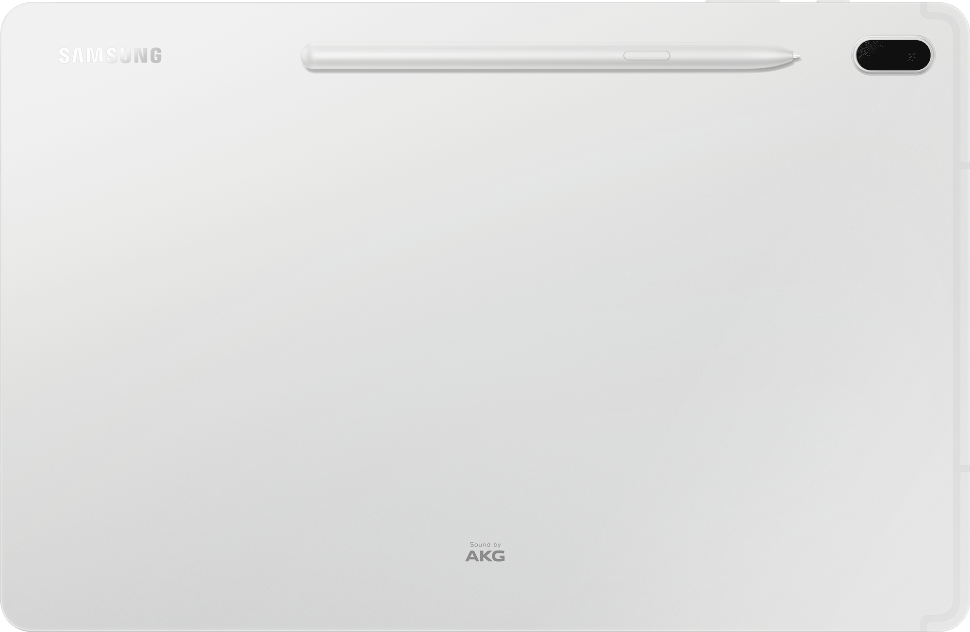 Weißes Samsung Tablet mit Stift. Rückansicht, Sound von AKG. Weißer Hintergrund.