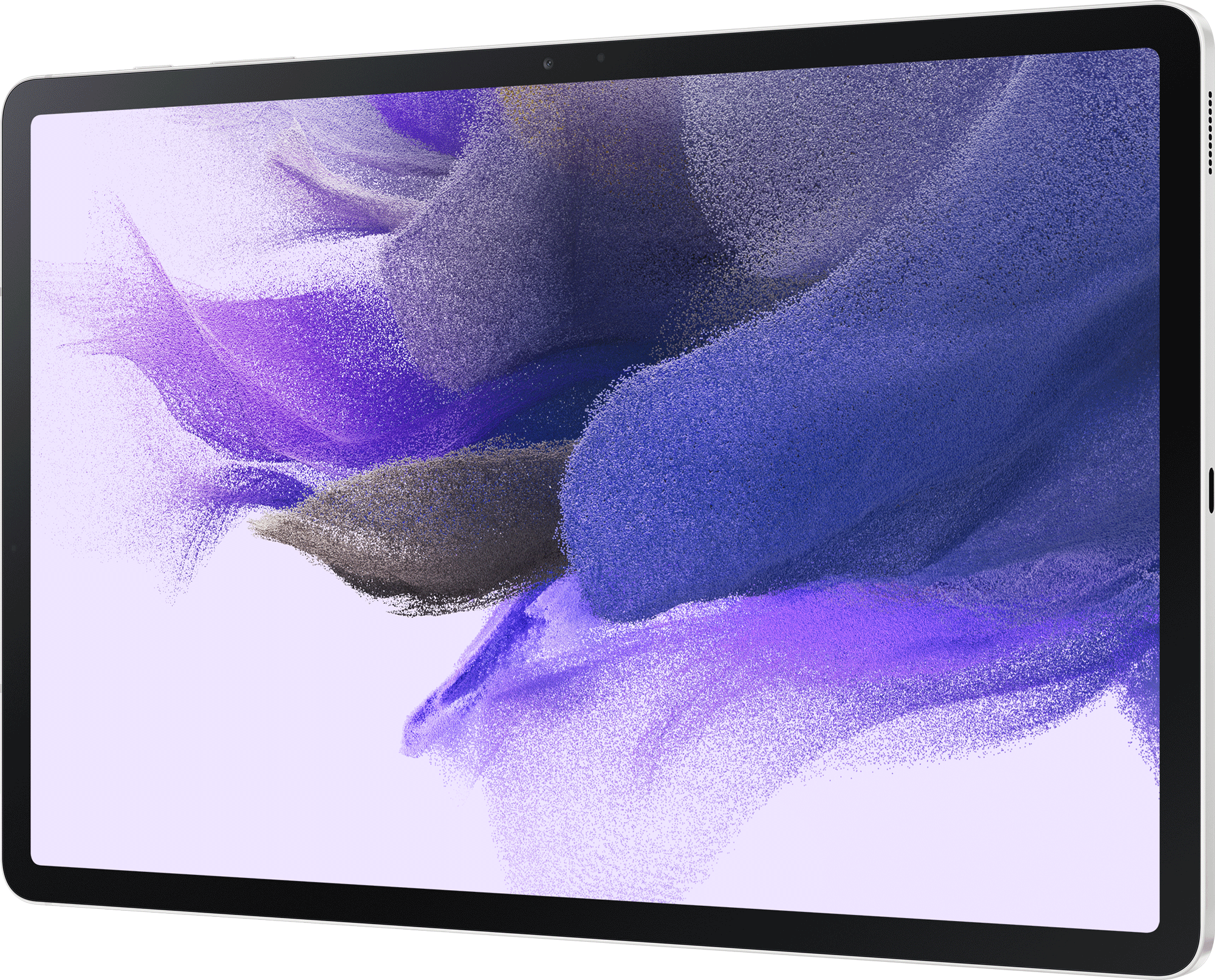 Tablet auf weißer Oberfläche, abgewinkelt. Lavendel- und blauer abstrakter Hintergrund.
