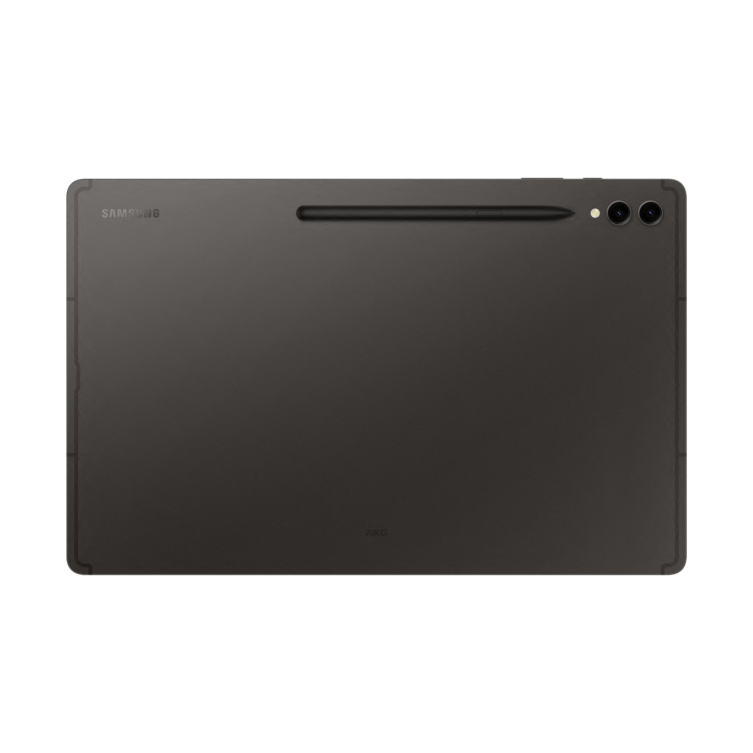 Ein dunkelgraues Tablet mit einem angebrachten Eingabestift. Die Logos von Samsung und AKG sind sichtbar.
