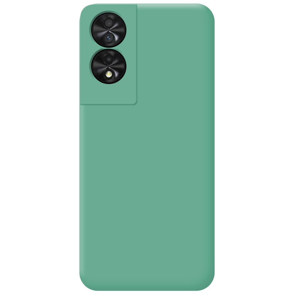 Custodia verde per telefono con due lenti della fotocamera. Sfondo bianco.