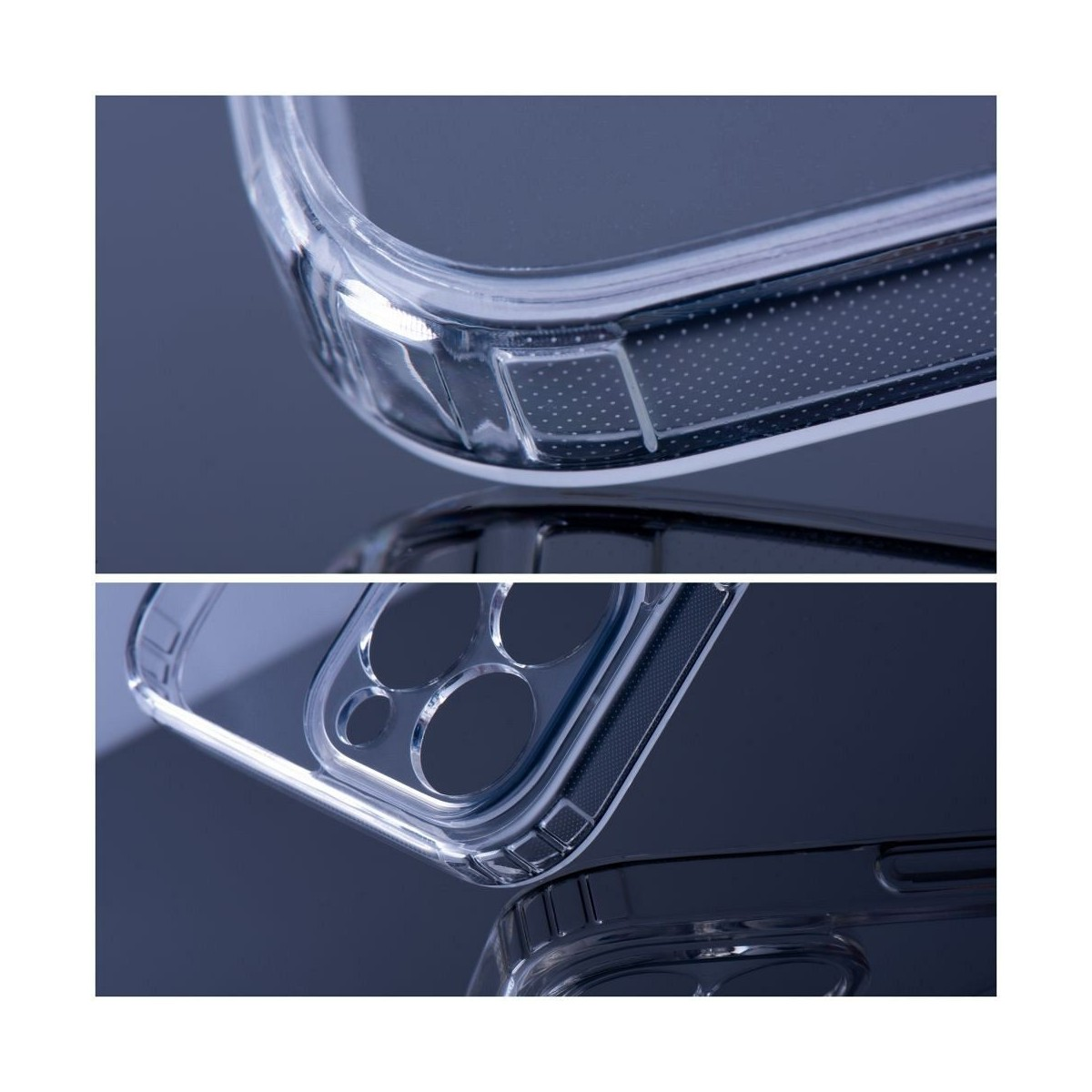 Primer plano de dos partes transparentes de funda de teléfono sobre superficie reflectante.