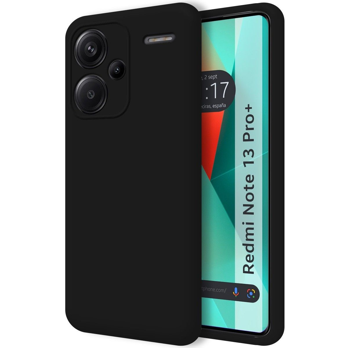 Custodia per telefono nera con fori per la fotocamera, che copre un telefono che mostra 'Redmi Note 13 Pro+'.