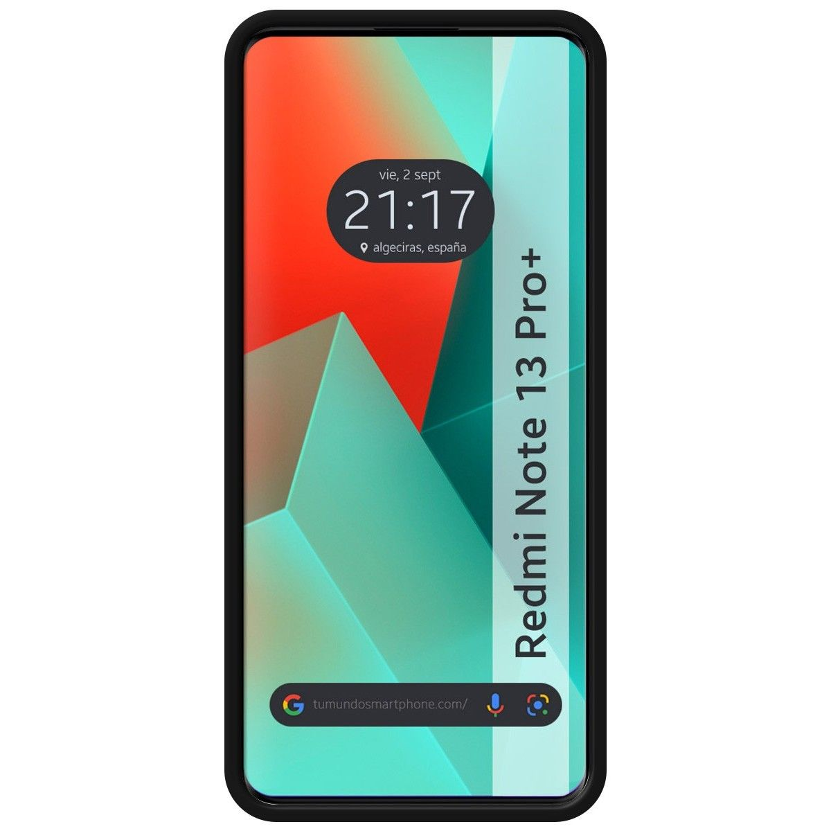 Telefono Redmi Note 13 Pro+ in mostra. Il telefono ha una cornice nera e uno schermo colorato.