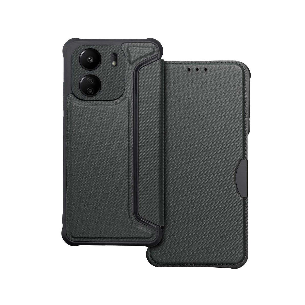 Custodia per telefono grigio scuro con cover a ribalta. Presenta una superficie strutturata e uno slot per schede.