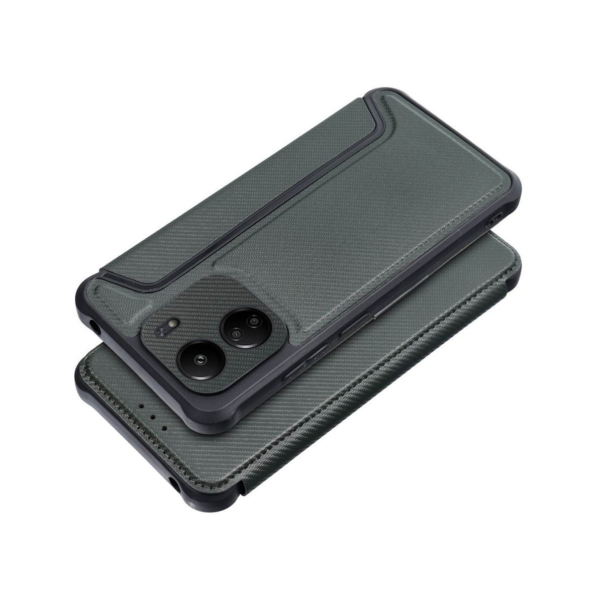 Custodia per telefono grigio scuro con retro strutturato e due fotocamere.