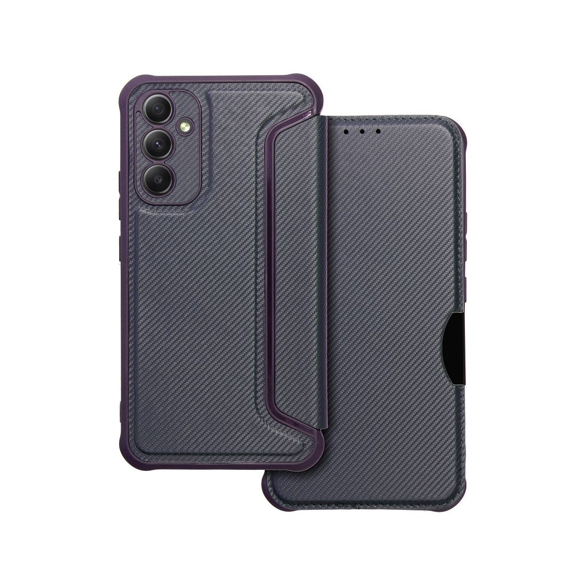 Custodia per telefono con un design grigio e viola. Presenta un motivo strutturato e un design a portafoglio.