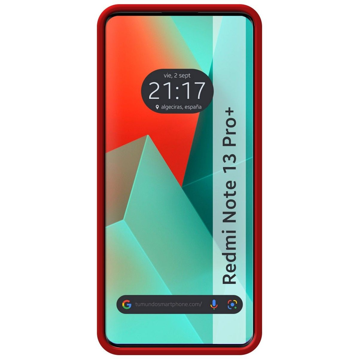 Telefono Redmi Note 13 Pro+ con cornice rossa, schermo con interfaccia colorata.