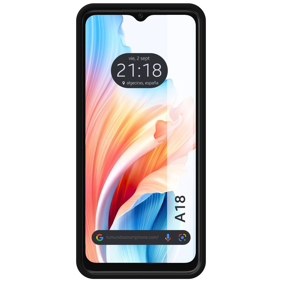 Smartphone con cornice nera, schermo bianco che mostra ora, data e luogo. A18 scritto in bianco.