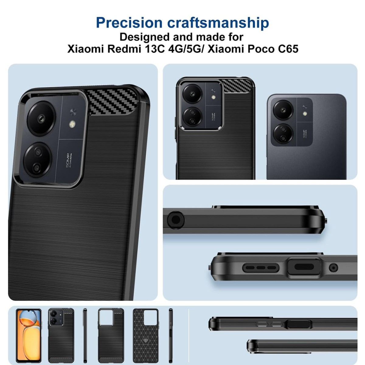 Un set di custodie per telefono nere per Xiaomi Redmi. Le custodie hanno design diversi, tra cui una trama in fibra di carbonio.