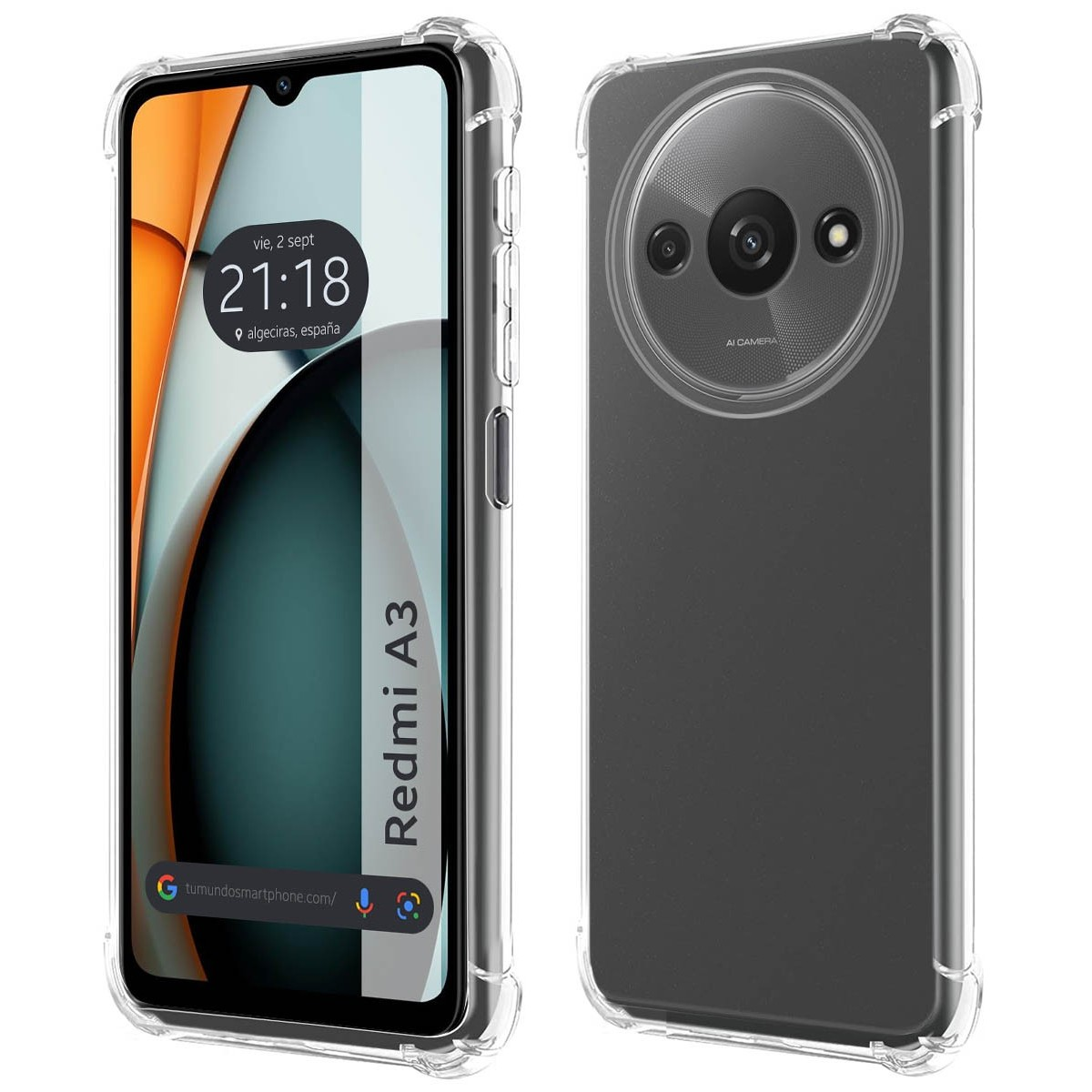 Due telefoni, uno mostra uno schermo con data e ora. Custodia trasparente su entrambi, che mostra un Redmi A3.
