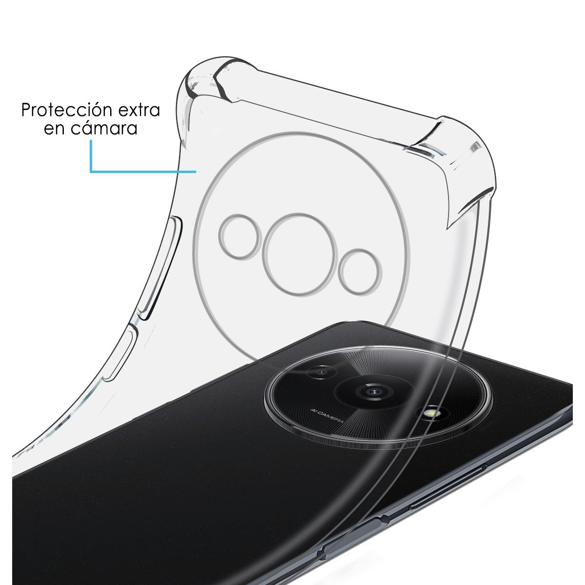 Una custodia trasparente per telefono su un telefono nero, con sporgenza della fotocamera, sfondo bianco.