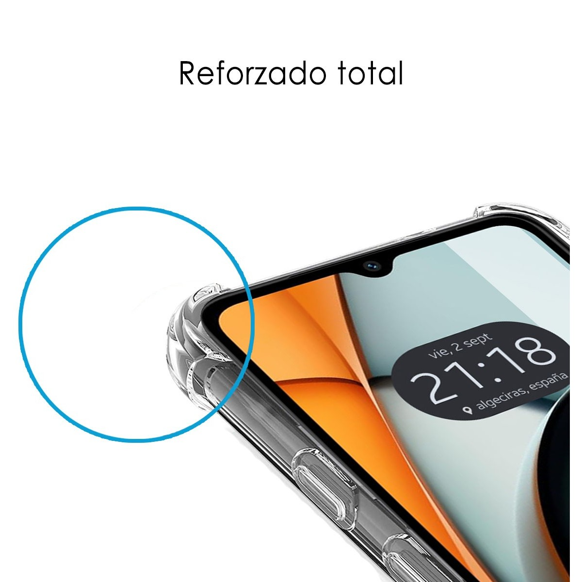 Una custodia trasparente per telefono. Lo schermo del telefono mostra l'ora e la città.