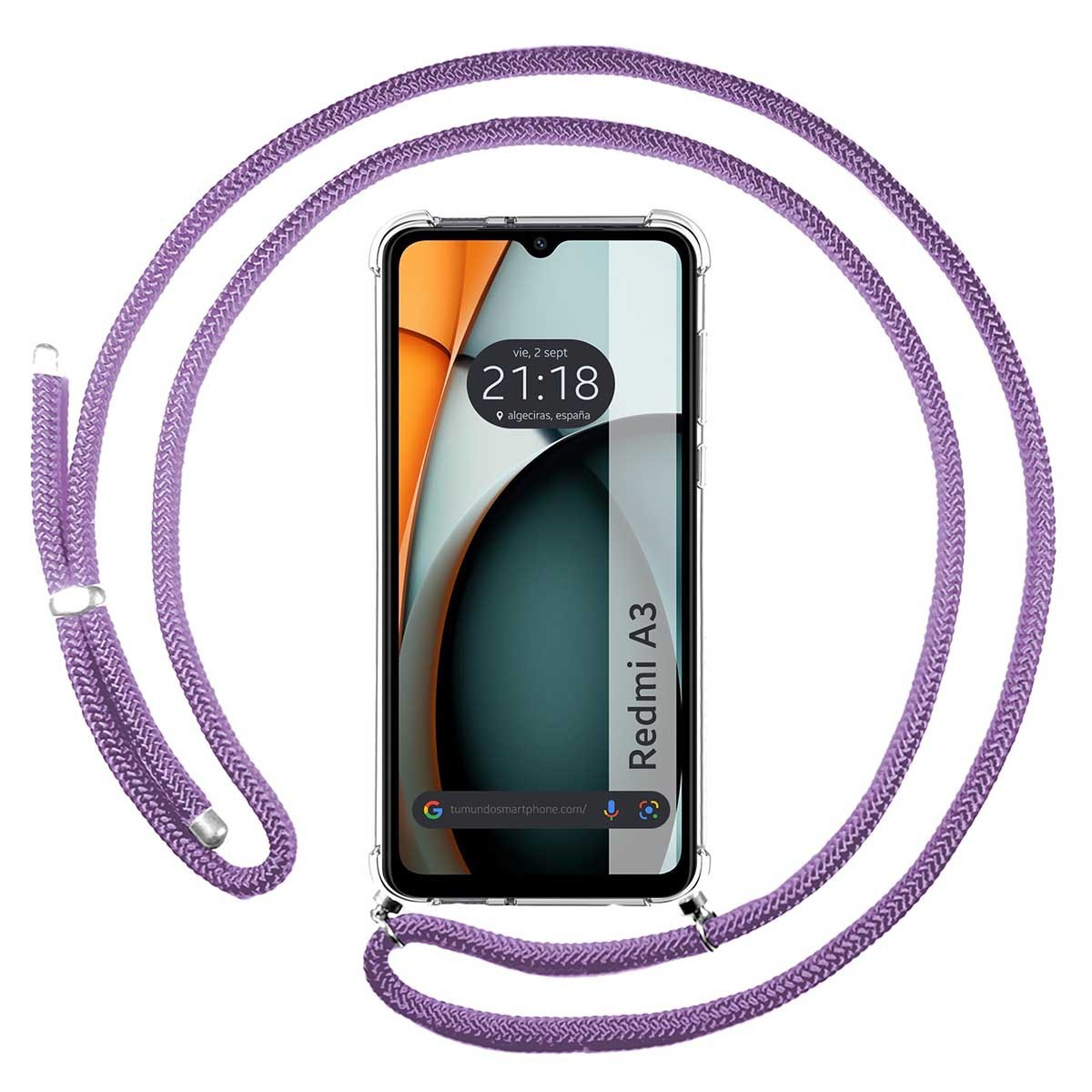 Uno smartphone con un cordino viola, visualizzazione dell'ora.