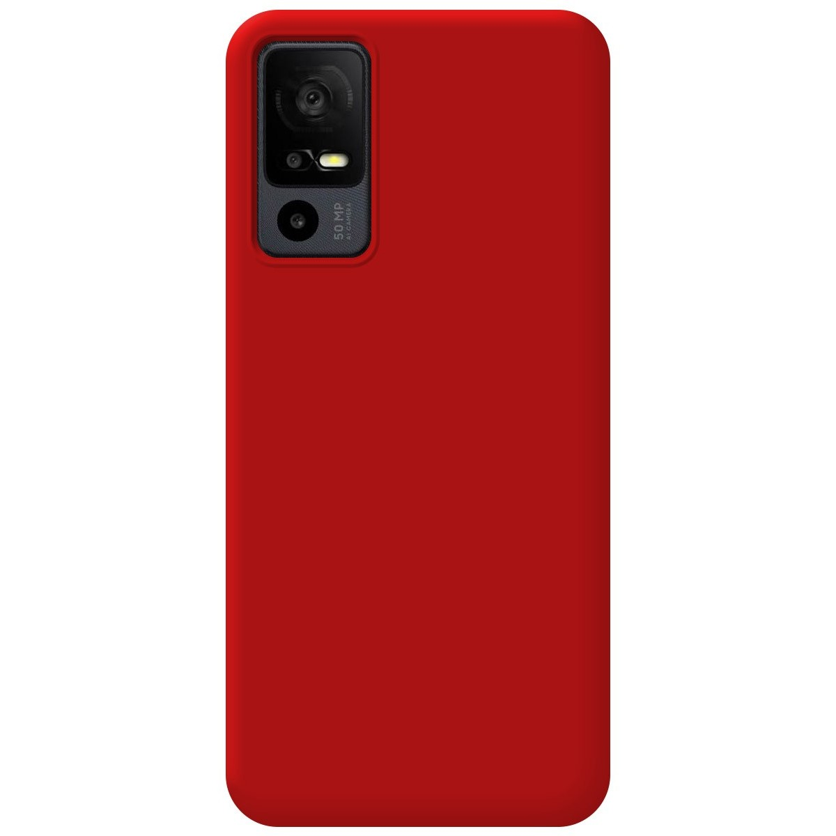 Una custodia rossa per telefono con un modulo fotocamera nell'angolo in alto a sinistra.