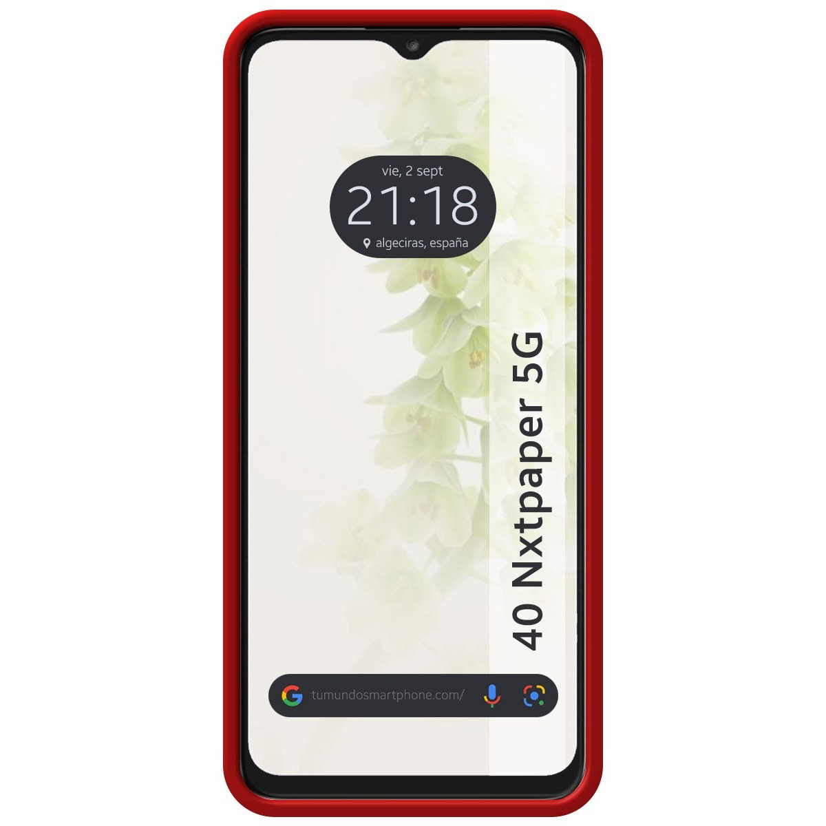 Uno smartphone con cornice rossa che mostra ora, data e sfondo floreale.