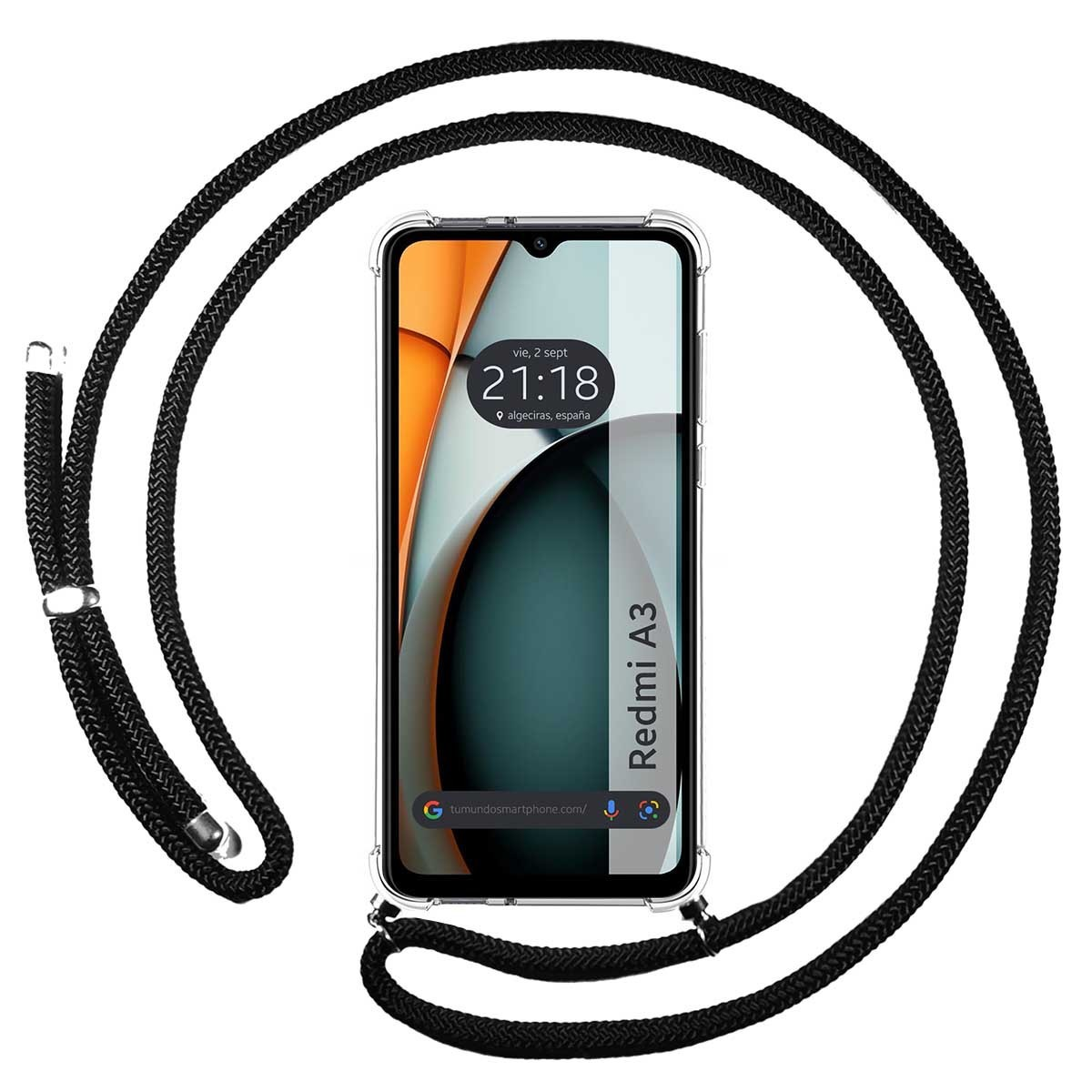 Telefono Redmi A3 con un cordino nero. Il telefono mostra un display con l'ora.