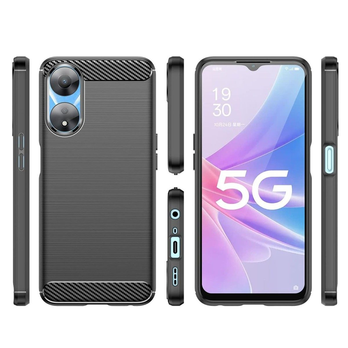 Una custodia nera per telefono con texture in fibra di carbonio. Il telefono è nero con il logo 5G.