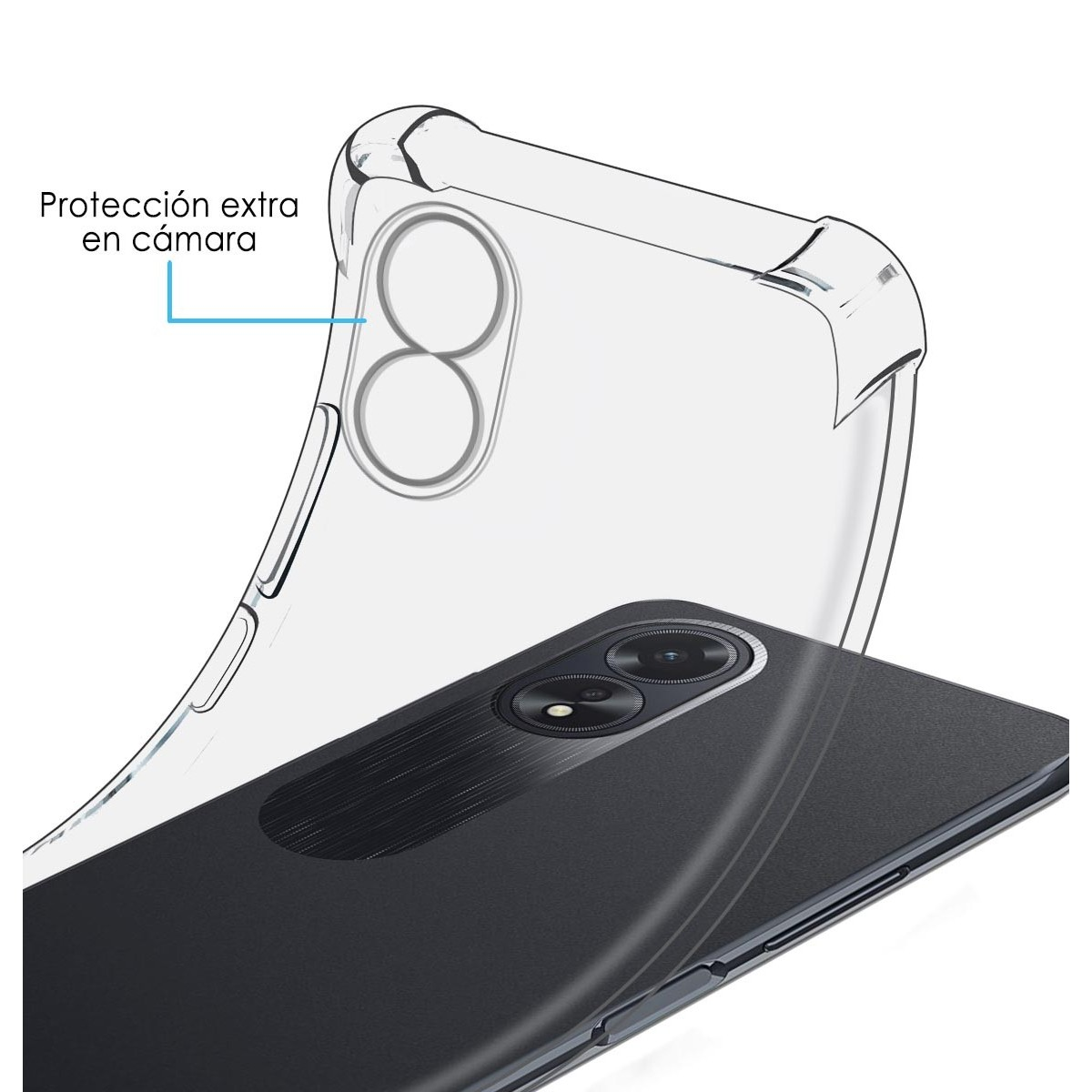 Uno smartphone con custodia trasparente, che mostra il retro del telefono. C'è del testo che indica una protezione extra per la fotocamera.