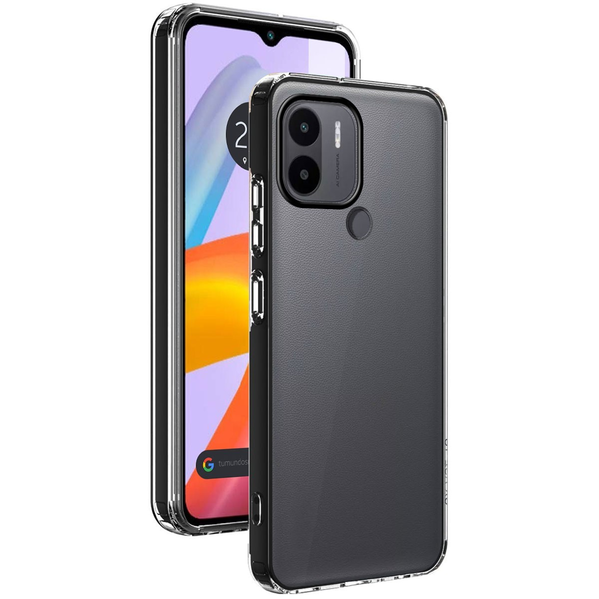 Uno smartphone con custodia nera, visualizzazione dell'ora.