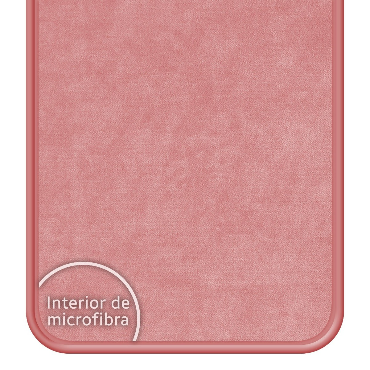 Primer plano de una funda de teléfono con interior de microfibra rosa y marco rosa.