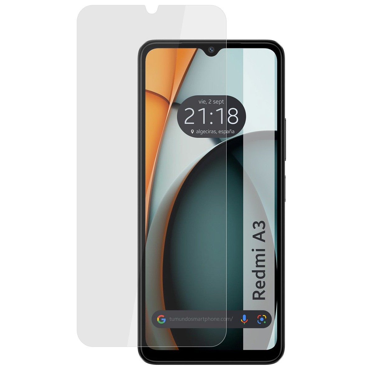 Teléfono negro con protector de pantalla, mostrando hora y ubicación española.