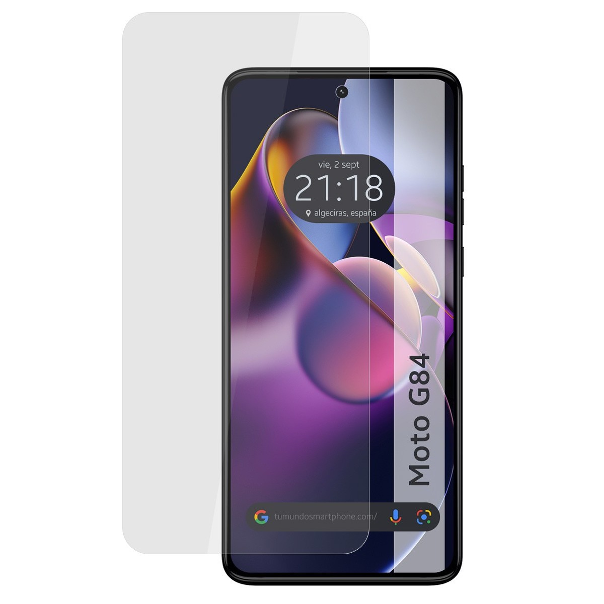 Uno smartphone con protezione schermo, che mostra ora e data.