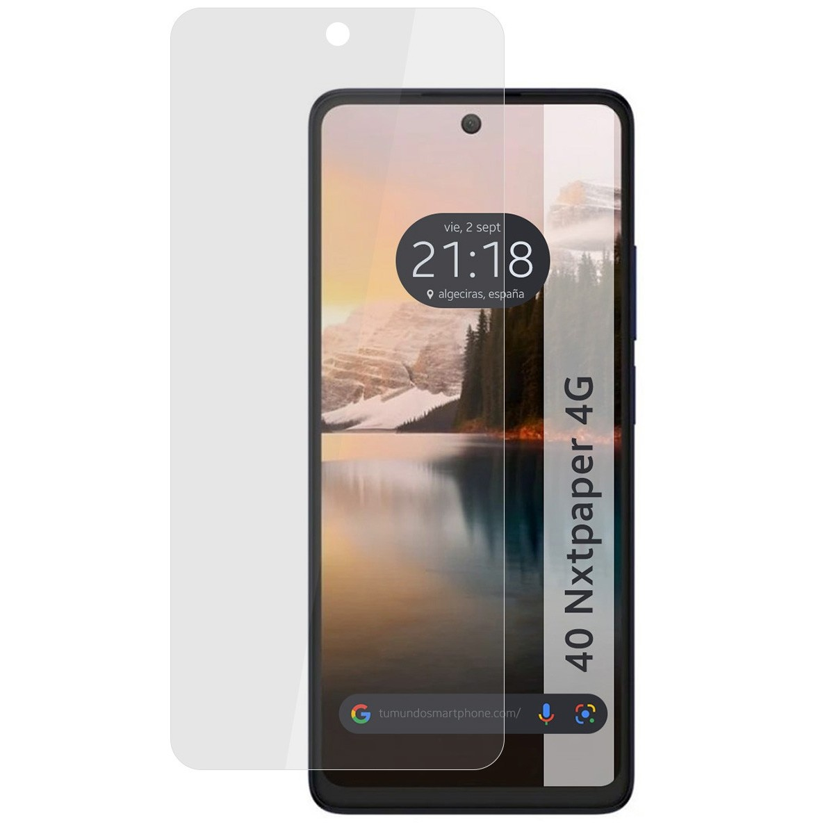 Telefono con protezione schermo, visualizza ora e data. Protezione a sinistra.