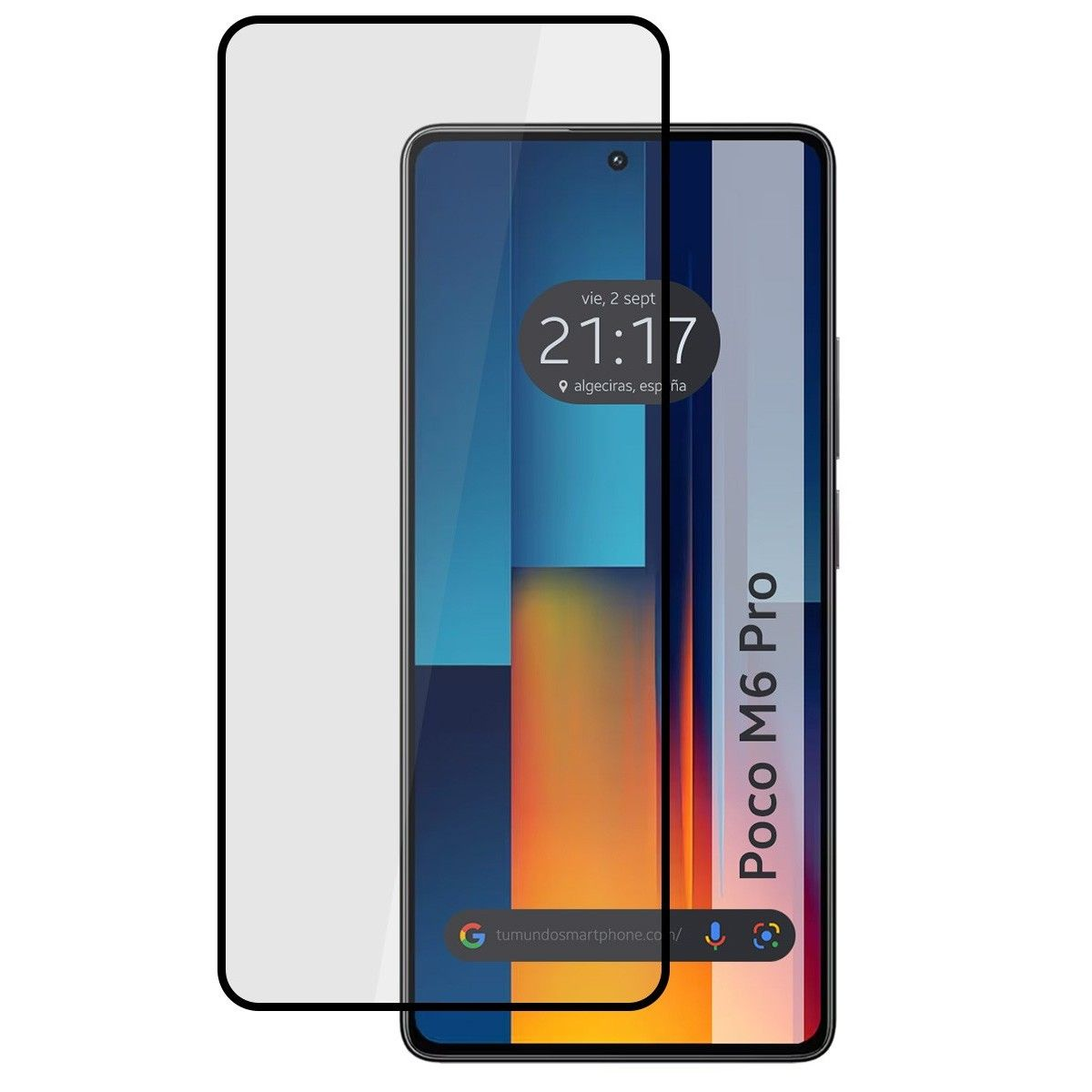 Telefono con protezione schermo. Il telefono mostra una vista del lago. Ora: 21:17.