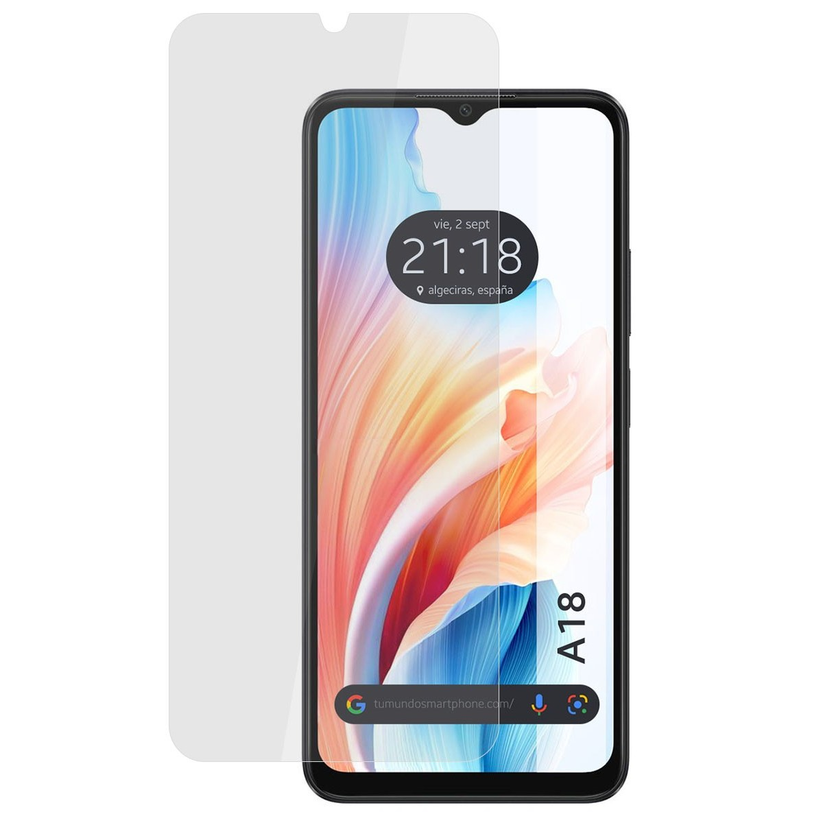 Smartphone con protezione schermo. Sullo schermo, un orologio mostra data e ora. Sfondo bianco.