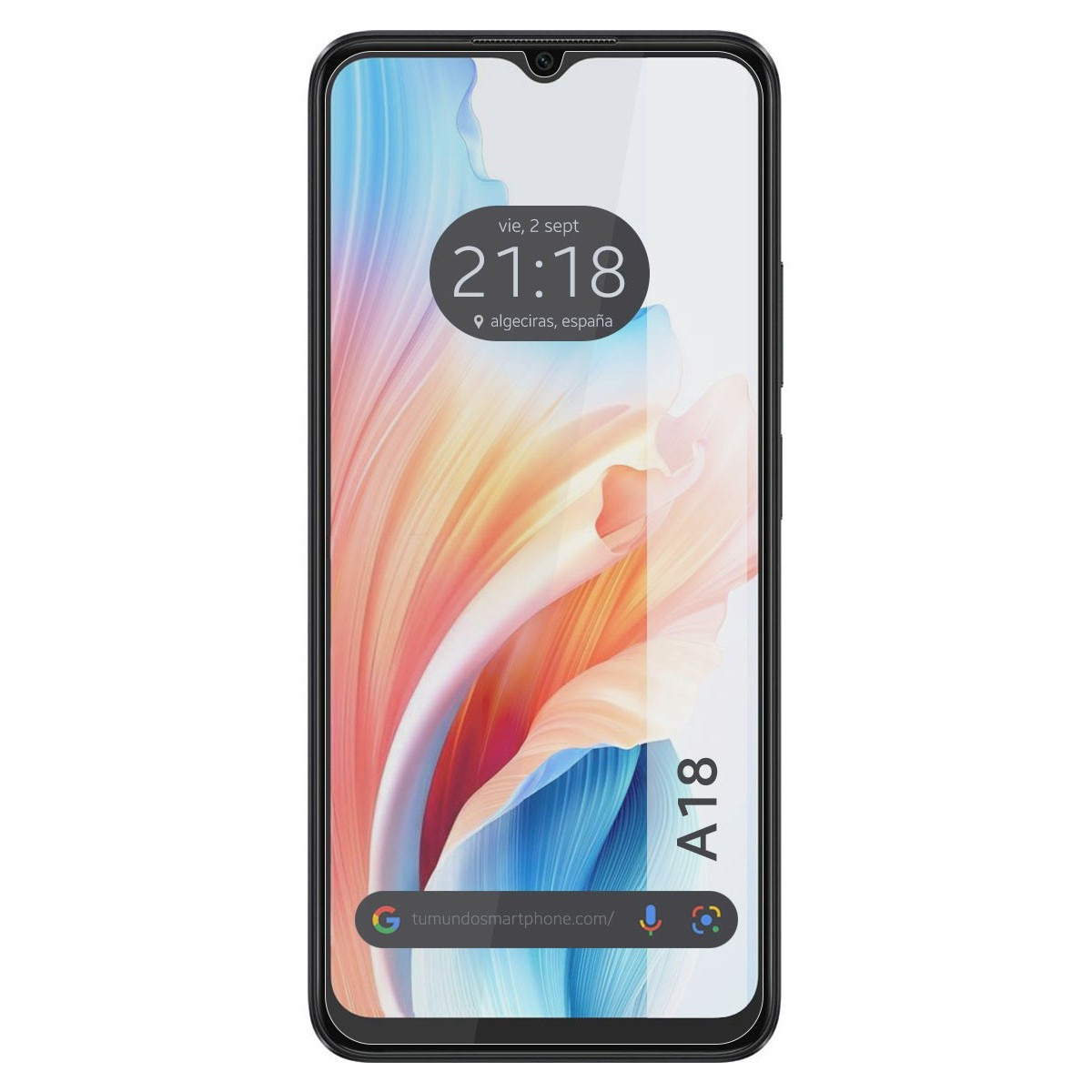 Un telefono con cornice nera che mostra data/ora, sfondo astratto colorato e il testo A18.