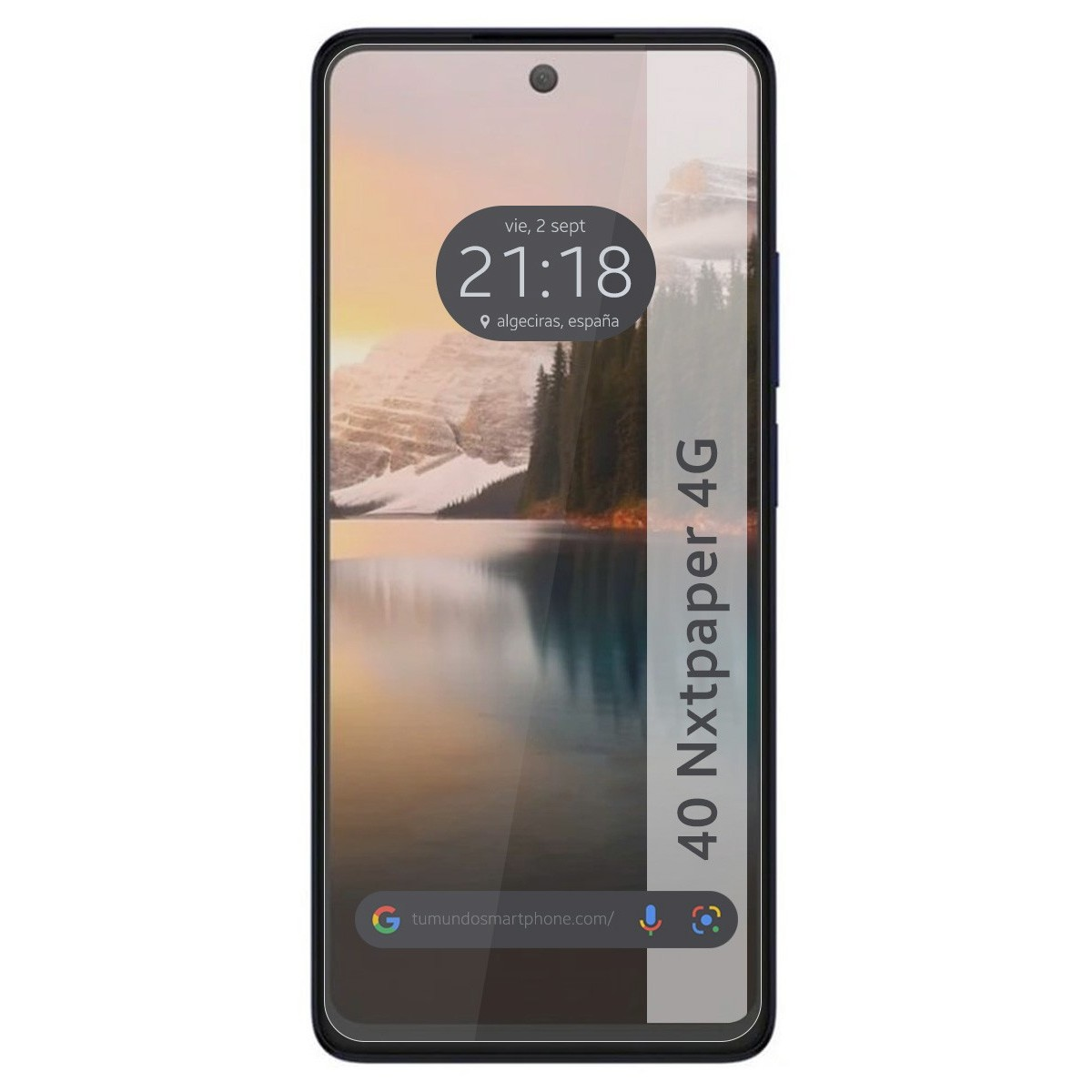Smartphone che mostra una scena del tramonto e ora/luogo, con bordo bianco.