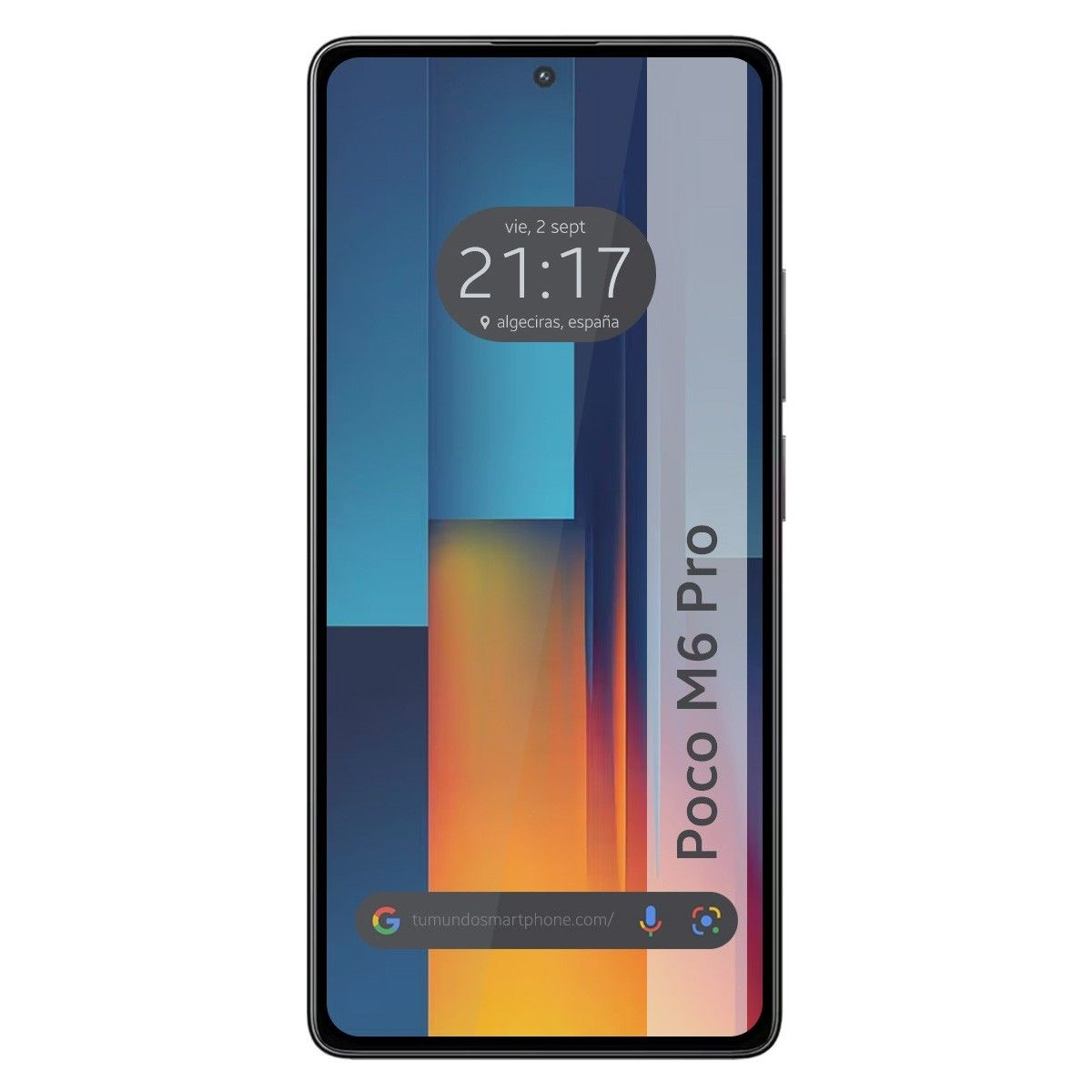 Uno schermo di smartphone che mostra ora e data. Il telefono è etichettato Poco M6 Pro.