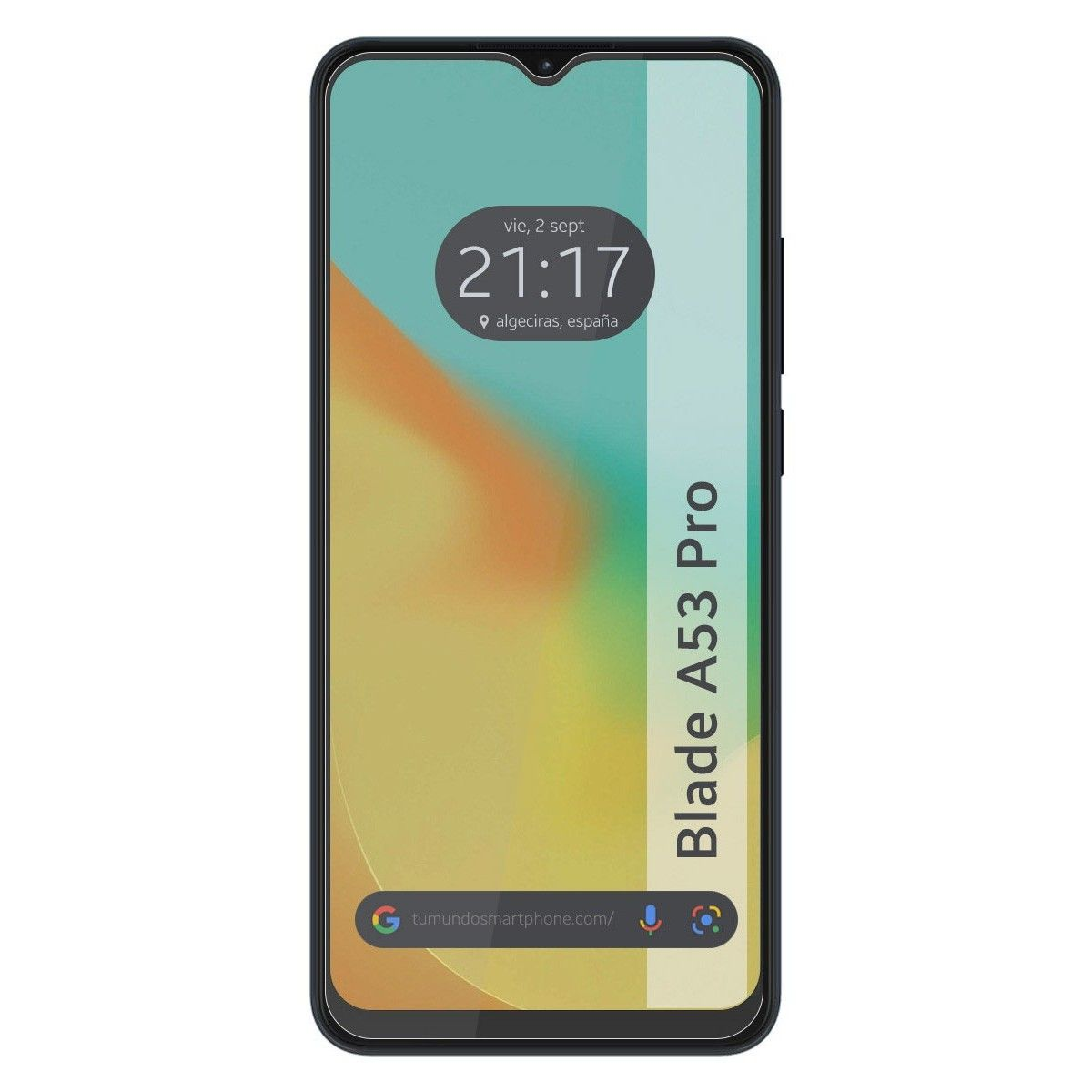 Uno smartphone con lo schermo acceso, che mostra l'ora, la data e la posizione. Il telefono è nero.