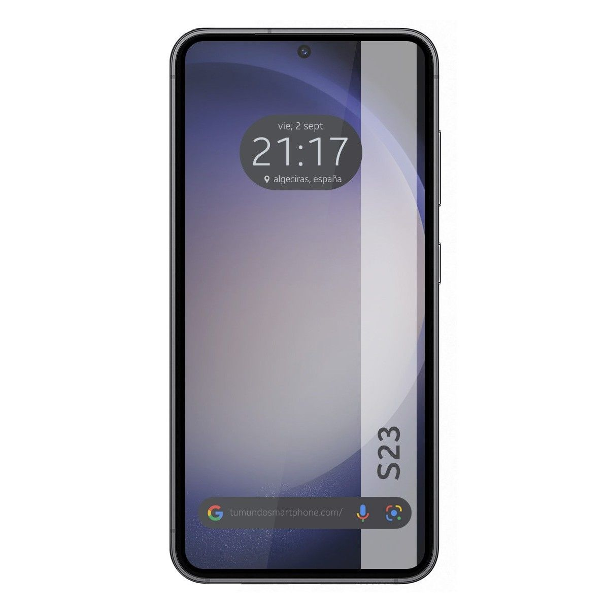 Smartphone nero con visualizzazione di data e ora. Sfondo bianco.