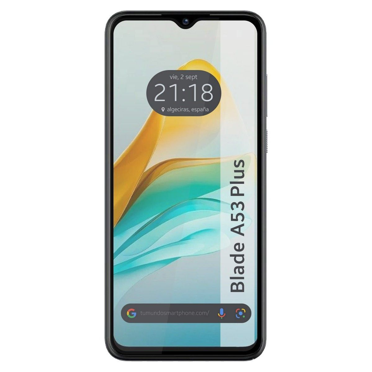 Telefono nero che mostra una grafica gialla e arancione sullo schermo, con visualizzazione dell'ora.