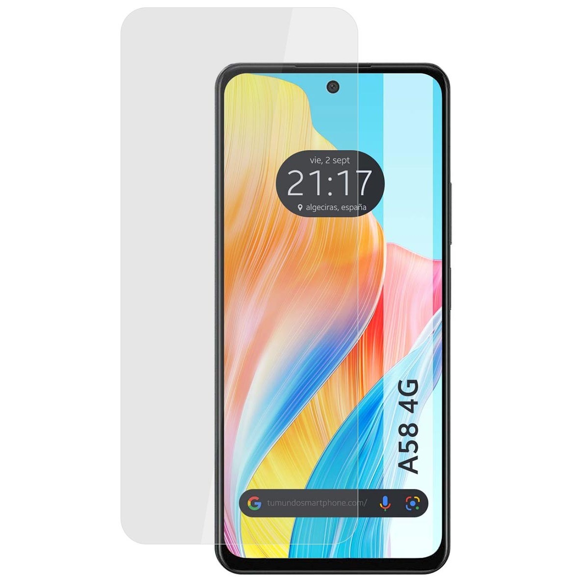 Telefono A58 4G con protezione schermo. Il telefono mostra data, ora e posizione.