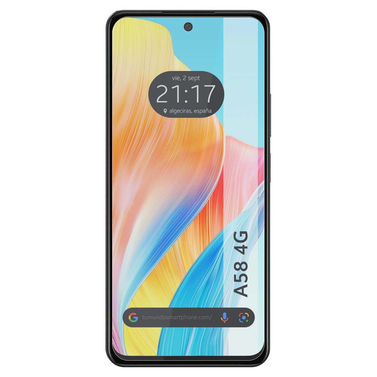 Smartphone nero con schermo colorato. Mostra ora e luogo. Testo A58 4G a destra.