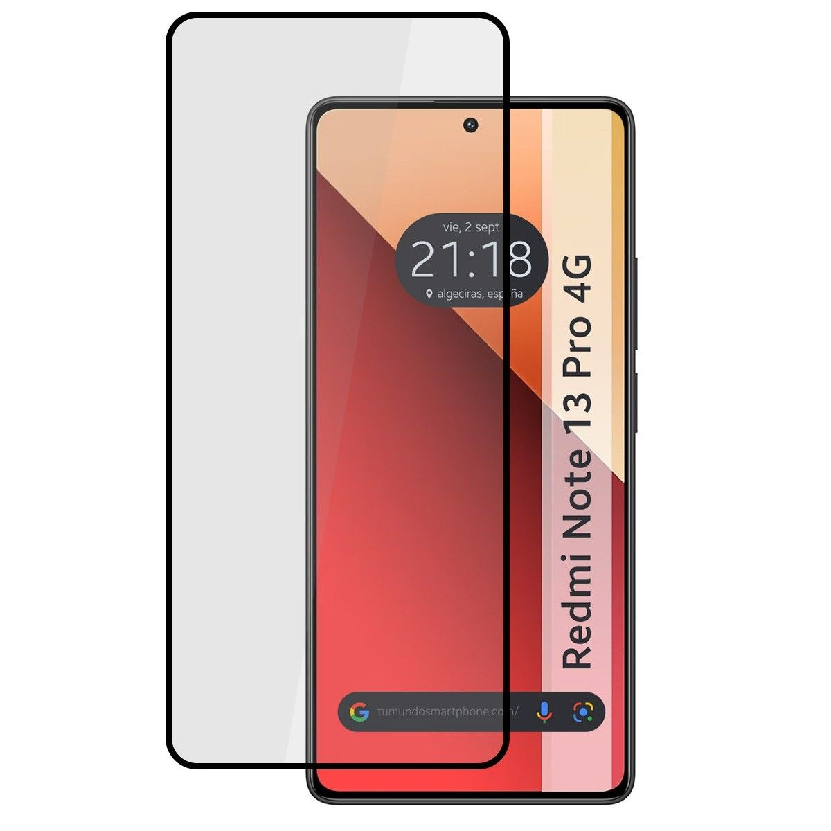 Protector de pantalla de teléfono inteligente y teléfono. La pantalla muestra la hora y la dirección web.