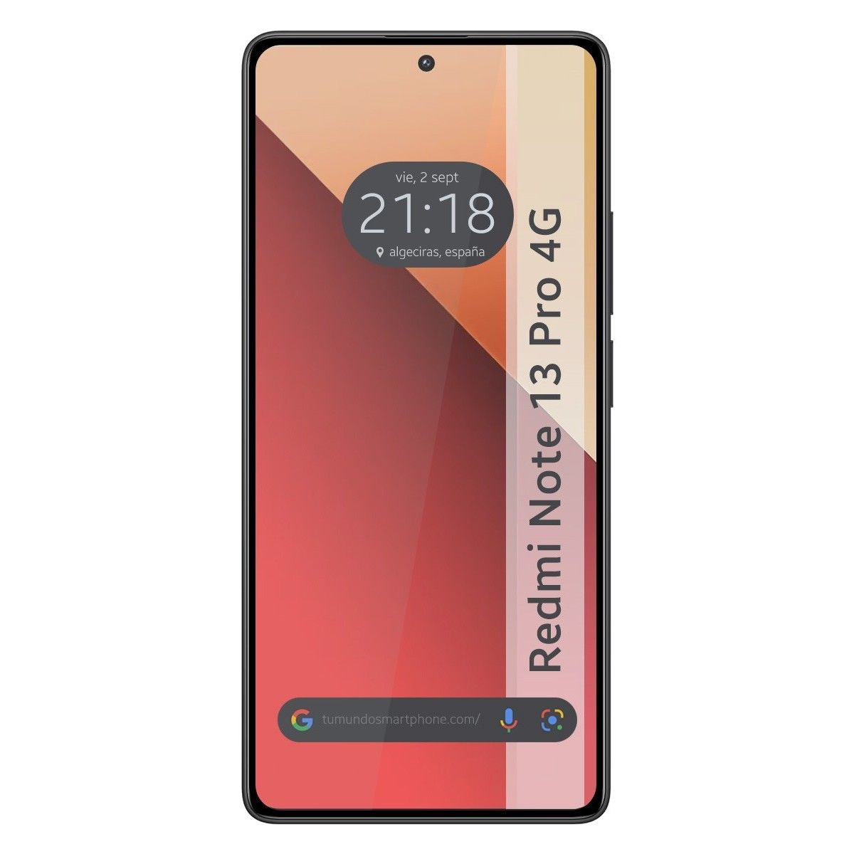 Pantalla negra del teléfono que muestra la fecha y la hora con fondo rojo.