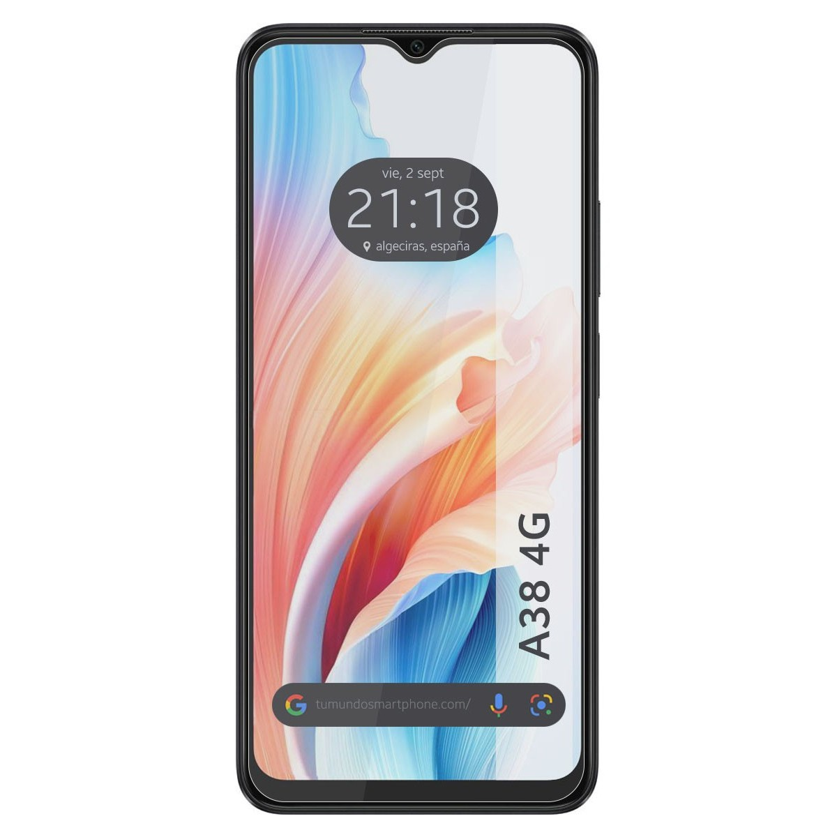 Schermo del telefono che mostra ora e data, con uno sfondo astratto colorato.