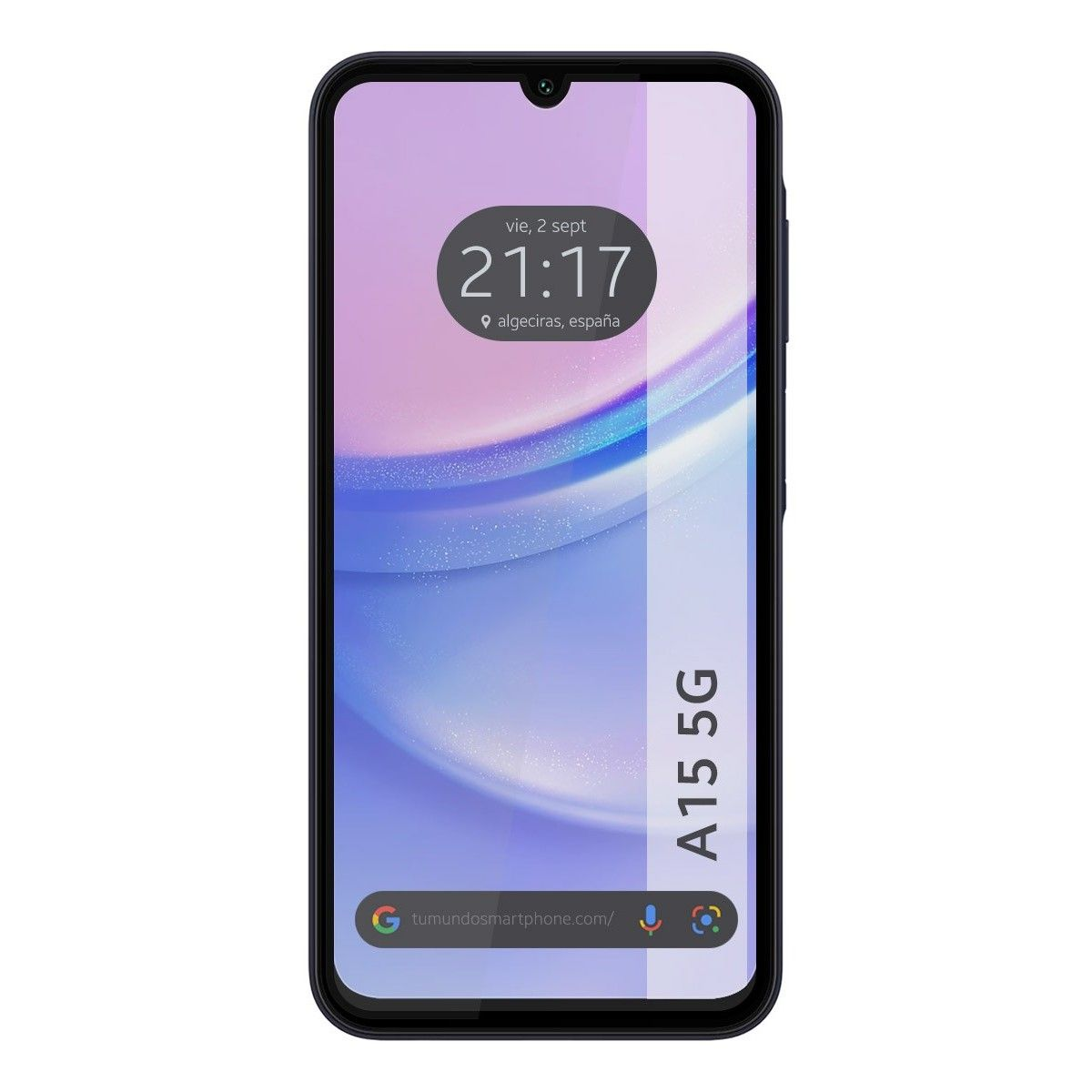 Smartphone nero con visualizzazione dell'ora e il testo "A15 5G".
